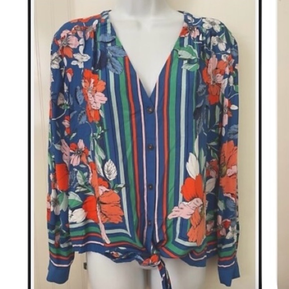 Maeve Anthropologie Elan Scarf Floral Pattern Blouse size 4 Blue Tie Waist - Picture 4 of 8